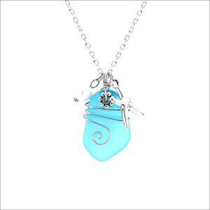 Handmade Wire Wrapped Sea Glass Necklace with Starfish and Pearl Pendant